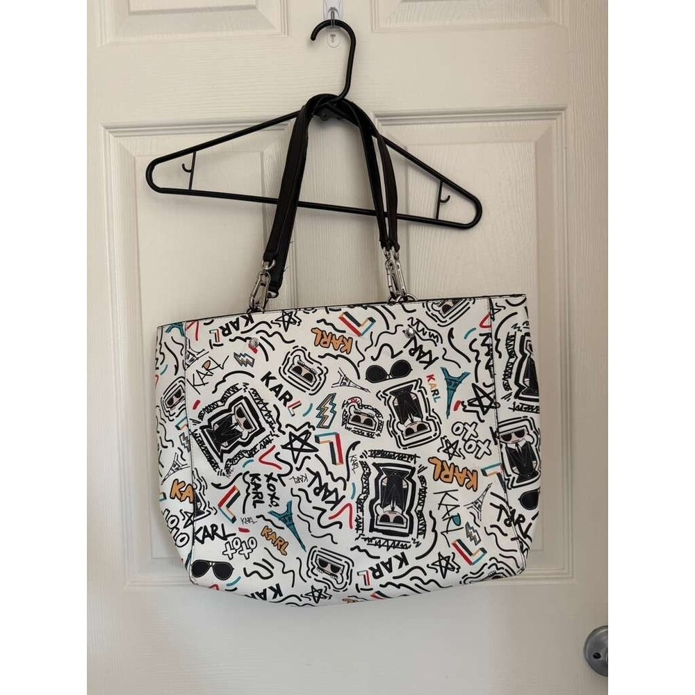 Karl Lagerfeld Paris Tote Bag White Graffiti Print Large Shoulder Bag
